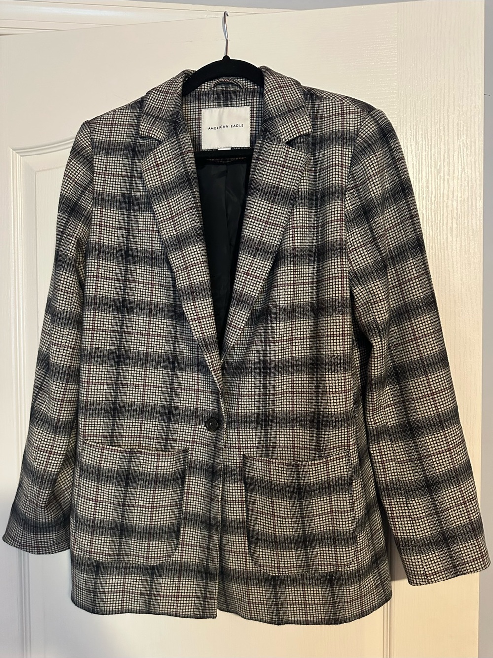 American Eagle Outfitters Gray Plaid Single-Button Blazer